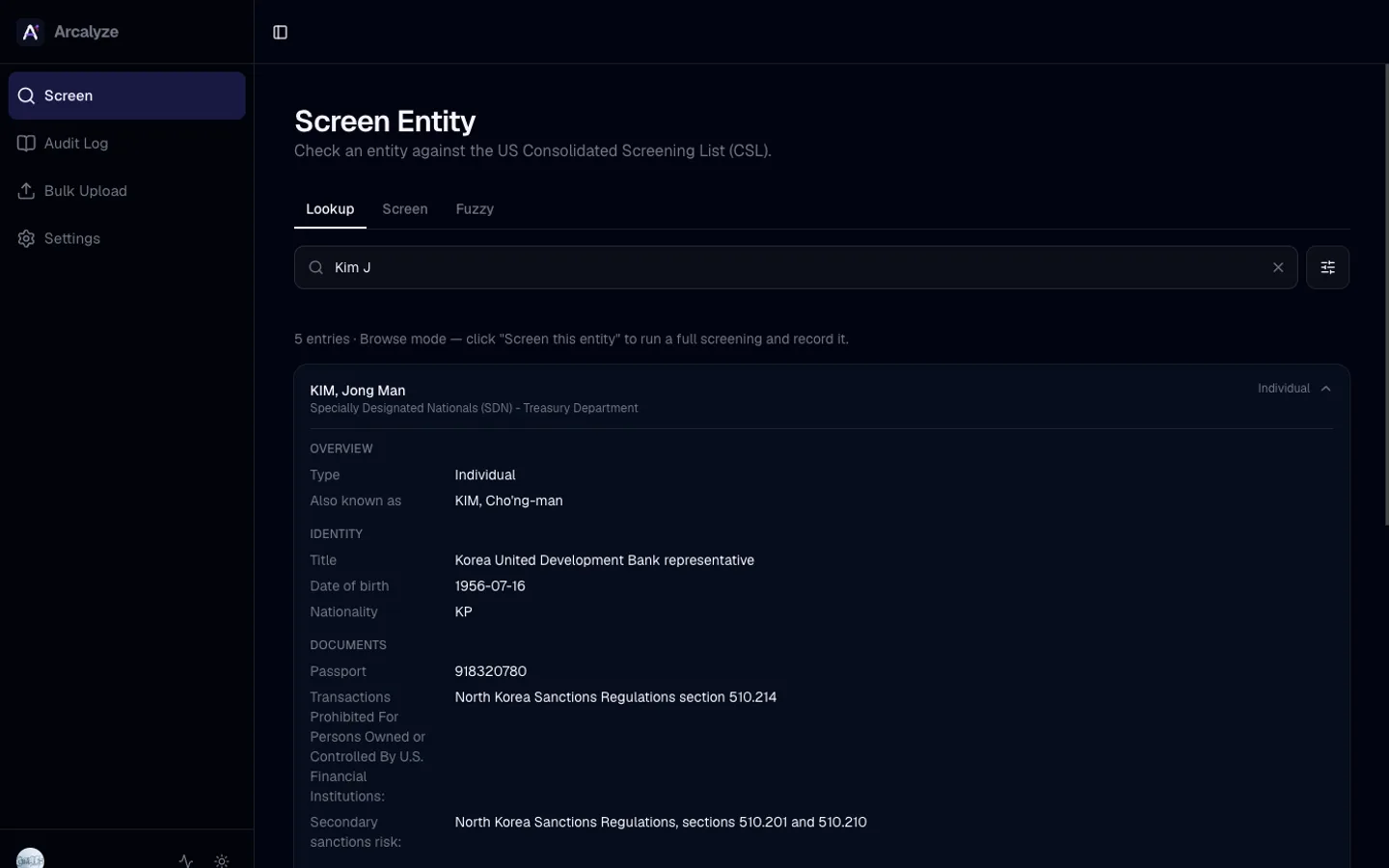 An expanded match: aliases, identity details, documents and addresses from the official list.